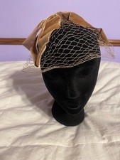 Vtg Taupe Mesh Hat with Velvet Bow