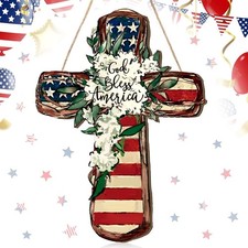 4Th of July Door Sign Patriotic Wreath God Bless American Door Hanger Wooden Pla