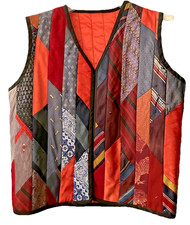 Custom-Made Unique, Silk Tie Vest, Vertical Patchwork Strips, Lined