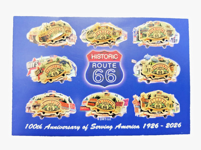 HISTORIC ROUTE 66 100TH ANNIVERSARY POSTCARD SOUVENIR PIN SET-1926-2026 NEW