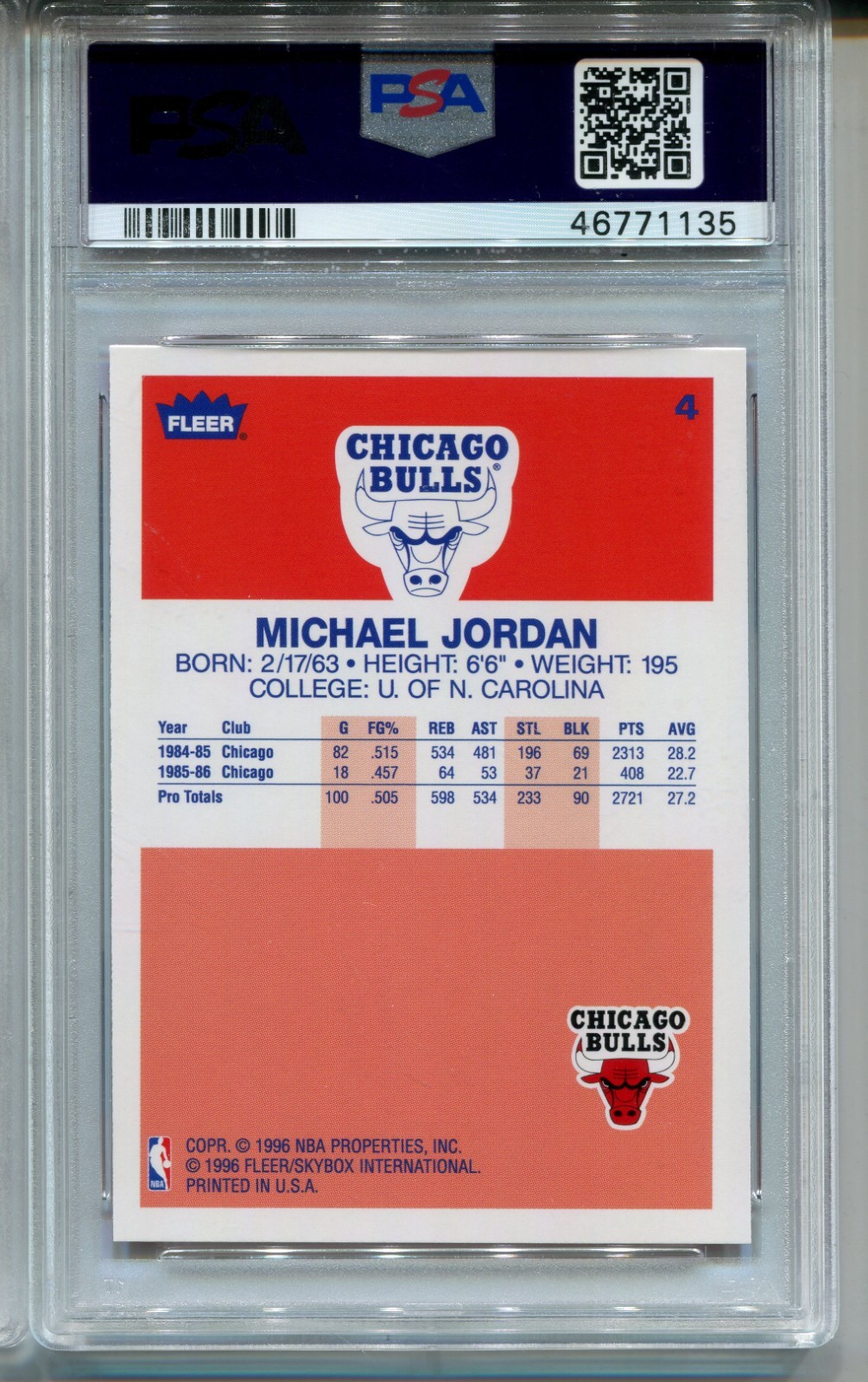 '96 Decade Michael Jordan 1986 Fleer Basketball Rookie Card Replicate PSA 9 MINT view 2