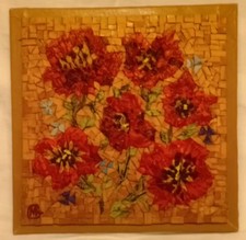 Vintage 2006 Unique Artwork Poppies Mosaic Cork Framed Picure Collage Flowers
