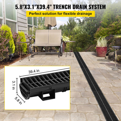 Trench Drain System, Channel Drain with Plastic Grate, Driveway-6 Pack
