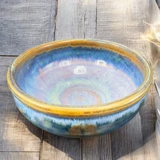 Hand Made Studio Art Pottery Dish Bowl Heavy Multicolor Drip Glaze Artist Signed