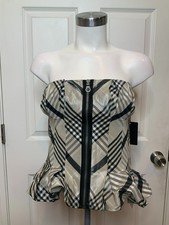 L.A.M.B. Gray Taffeta Plaid Zip Front Corset Top, Size 8, NWT!