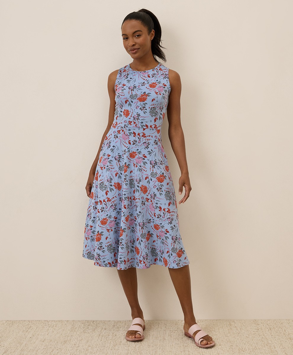 Pact Women's Extra Small Fit & Flare Keyhole Back Dress Nightfall Blooms Blue