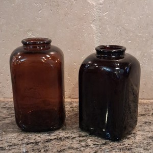 Vintage Amber glass square apothecary, medicine bottles lot of 2 pre-1900