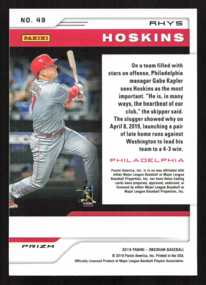 2019 Panini Chronicles Rhys Hoskins Obsidian #49 Card - Image 2 of 2