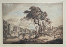 Paul Sandby RA. Large watercolour of figures & cattle before a river & bridge