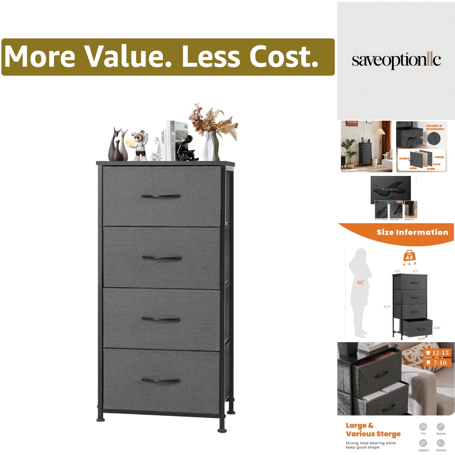 Dresser for Bedroom 4 Drawers, Tall Fabric Closet Chests Org
