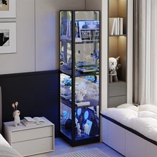 69" Display Cabinet with Glass Doors, 4-Tier Corner Curio Cabinet with LED Light