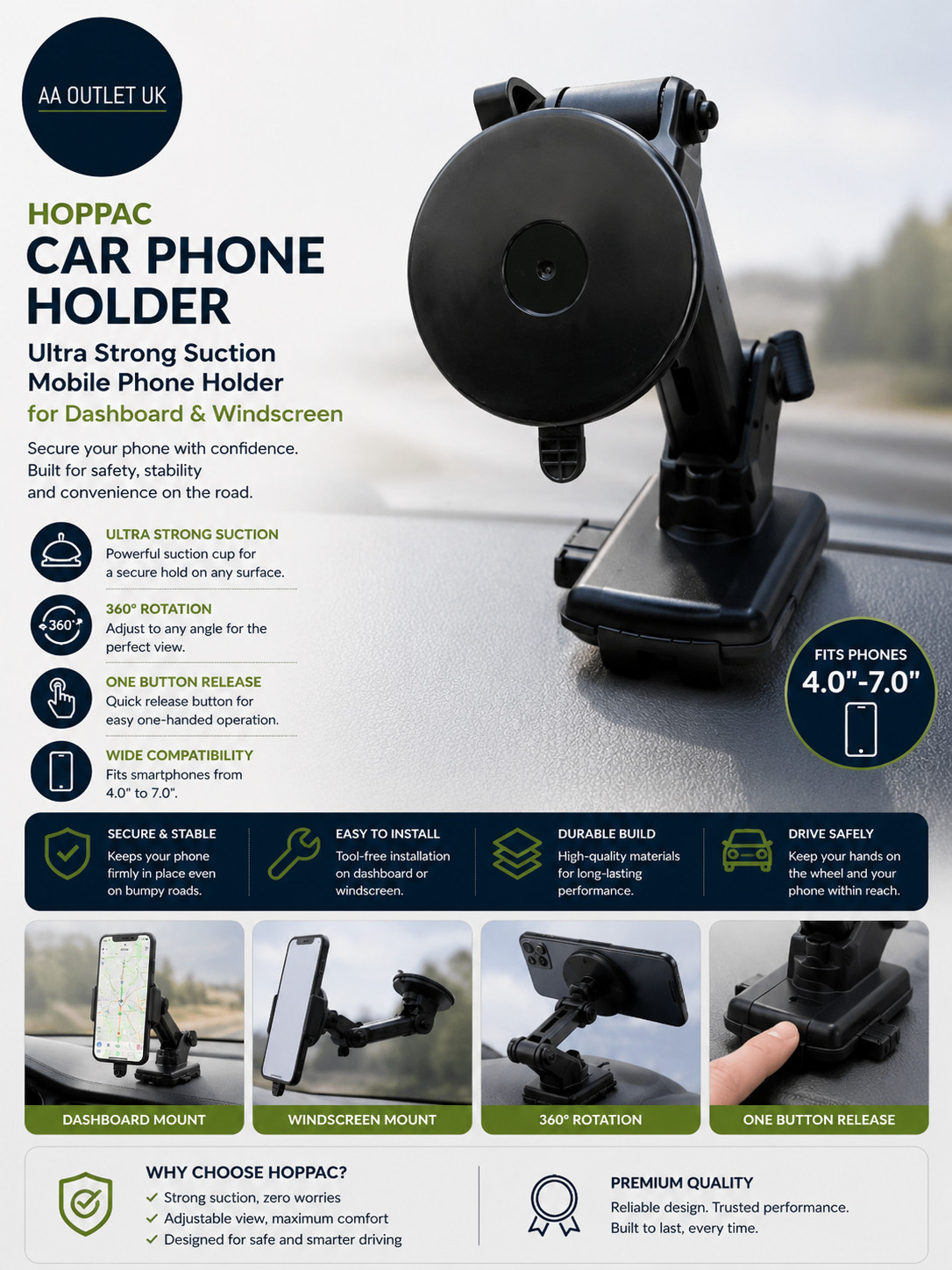 Hoppac Car Phone Holder Ultra Strong Suction Mobile Dashboard Windscreen 360°
