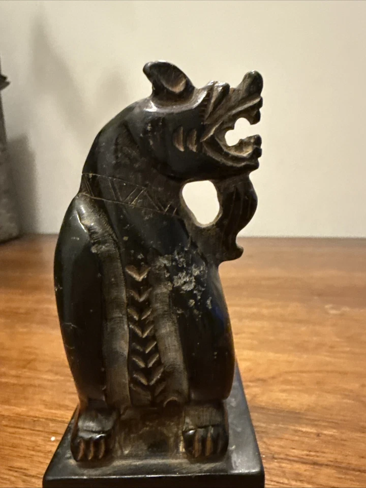 "Antiguo león guardián chino duro negro piedra tallada Foo Dogs 4""" Foto 2 de 4