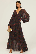 Farm Rio Borogodo Toucans Maxi Dress Open Back Ruffle Balloon Sleeve Chiffon XS