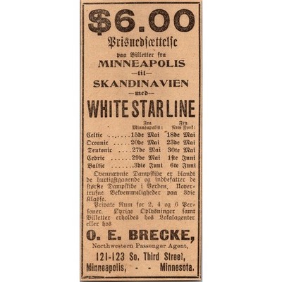 O. E. Brecke White Star Line Minneapolis MN 1906 MN Norwegian Clipping SAK1-M4