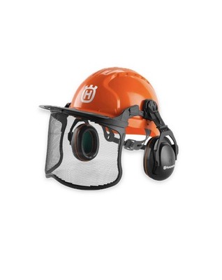 Husqvarna Chainsaw Helmet w Mesh Shield,Ear Muffs,Sun Peak, HDPE Shell, Orangett