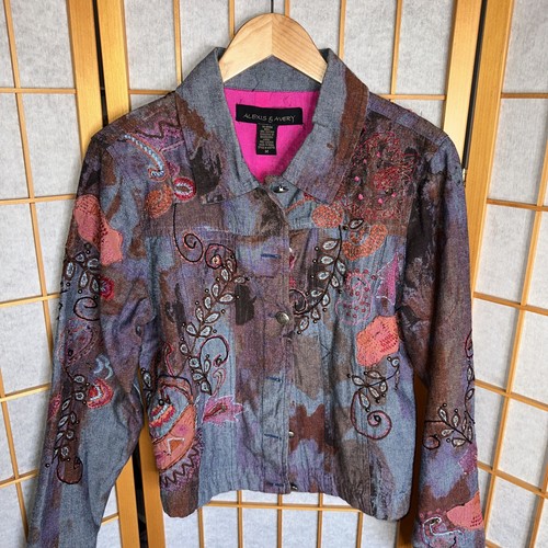 Alexis & Avery Women's Jean Jacket Blue Purple Mix Abstract Embroidered Size M L - Picture 2 of 12