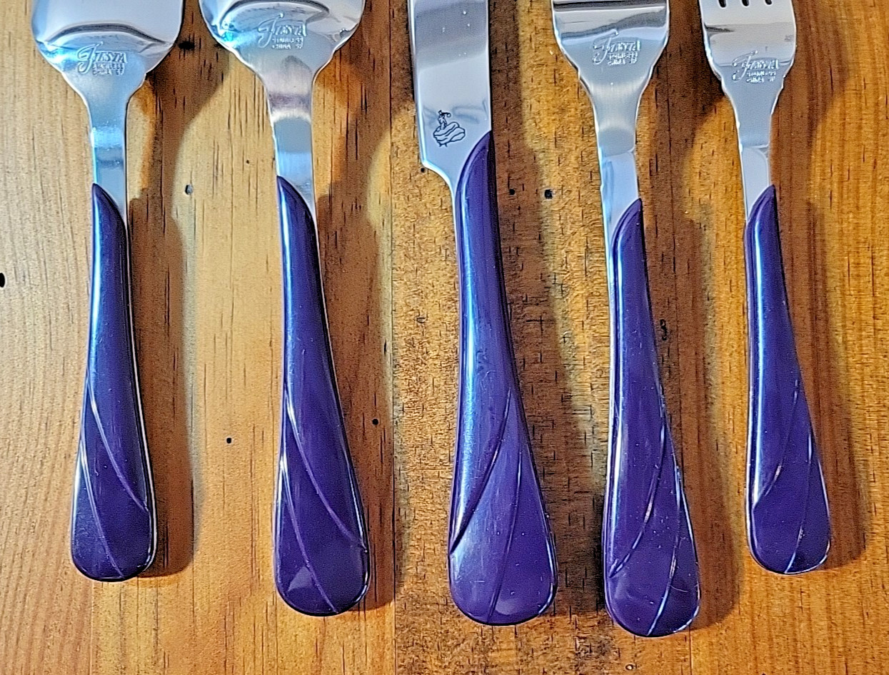 Genuine Fiesta Plum Flatware Silverware 5-Piece Set Stainless with Swirl Handle