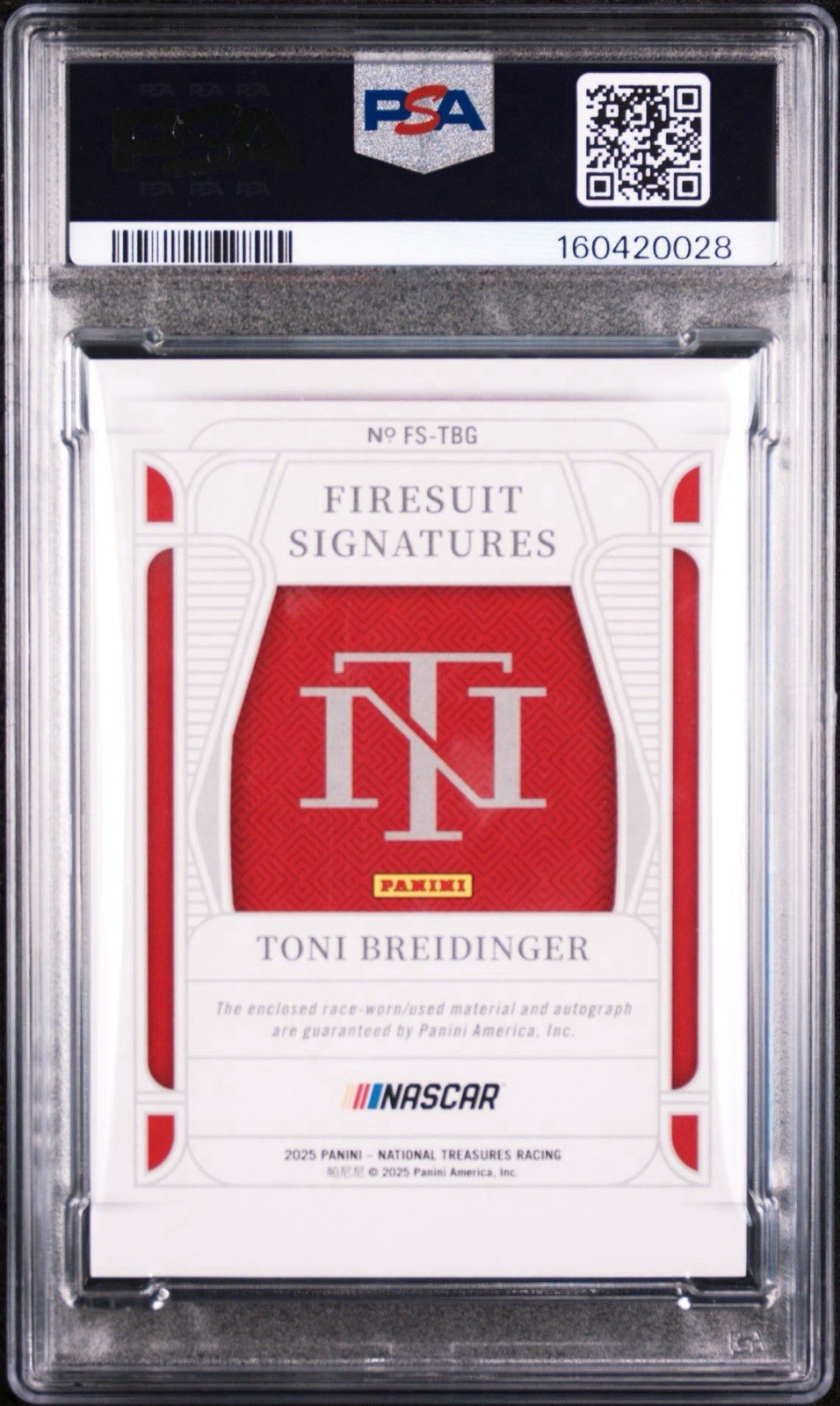 2025 National Treasures NASCAR Toni Breidinger Firesuit Signatures /75 PSA 9 view 2