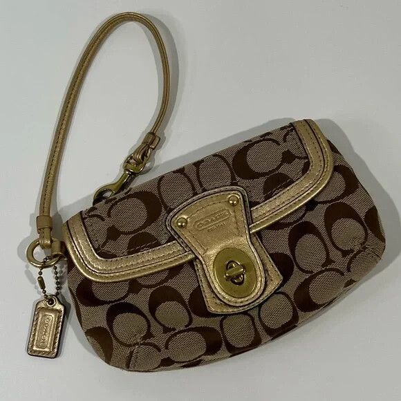 Coach Gold Leather & Khaki Signature Jacquard Large Wristlet Bag