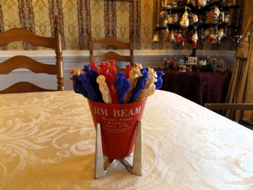 29 JACK DANIELS WHISKEY RED / WHITE / BLUE FIGURAL SWIZZLE STICKS W/ MCM HOLDER - Picture 13 of 14