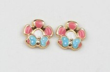 14k Yellow Gold Baby Enamel Flower earrings with butterfly, Screw Back