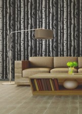 Brewster Distinctive Black Birch Tree Metallic Silver Botanical Boho Wallpaper 