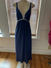 Vtg 70s Formfit Rogers blue long nylon nightgown Empire white lace Deep V SZ S