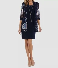R&M Richards Women's Blue Sleeveless Sheath Dress & Jacket Set Size 12