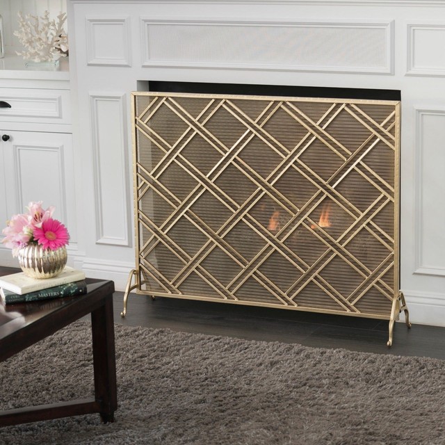 Jalama Modern Diamond Pattern Single Panel Iron Fireplace Screen