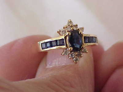 14K MASSIVER GOLD DIAMANT & SAPHIR RING 10 DIAMANTEN QUADRATISCHE SAPHIRE GR. 6 1/2