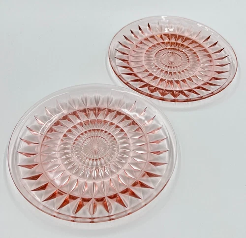 Set of 2 Vintage Jeannette Windsor Diamond Pink Depression Glass Plates 9"