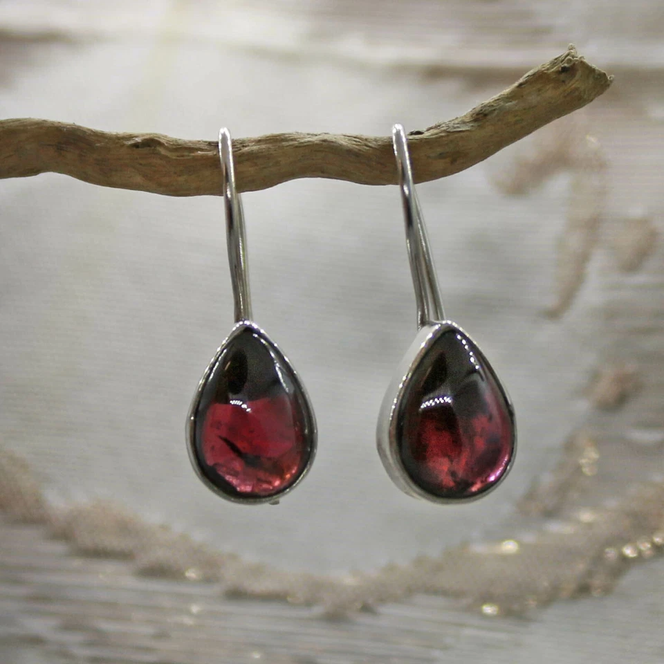 Granato Orecchini Pendenti Argento Sterling 925 Gocce Moderno Cabochon Hv - Immagine 2 di 3