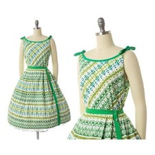 Vintage 1950s Skirt Set 50s Geometric Print Cotton Green Blouse Full Skirt Dress