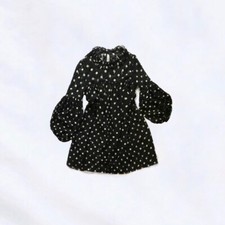 Zara Sheer Black Floral Lace Cream Polka Dot Ruffle Babydoll Dress Size Small