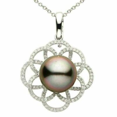 ESTATE .73CT DIAMOND & AAA TAHITIAN 18KT WHITE GOLD DOUBLE INTERTWINING PENDANT