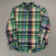 Polo Ralph Lauren Youth Kids Plaid Striped Button Long Sleeve T Shirt M 10-12