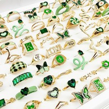 38pcs/Lot Newest Mix Style Personality Design Green Enamel Crystal Finger Rings