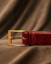 Vintage Yves Saint Laurent Burnished Cowhide Leather Belt Burgundy Gold Buckle