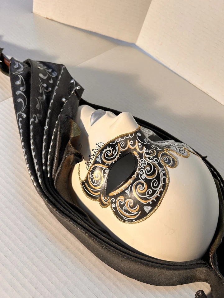 Beautiful Rare Hand Painted Masquerade Mask w Wood Handle 28x8” Full Face Mask - Image 2 of 4