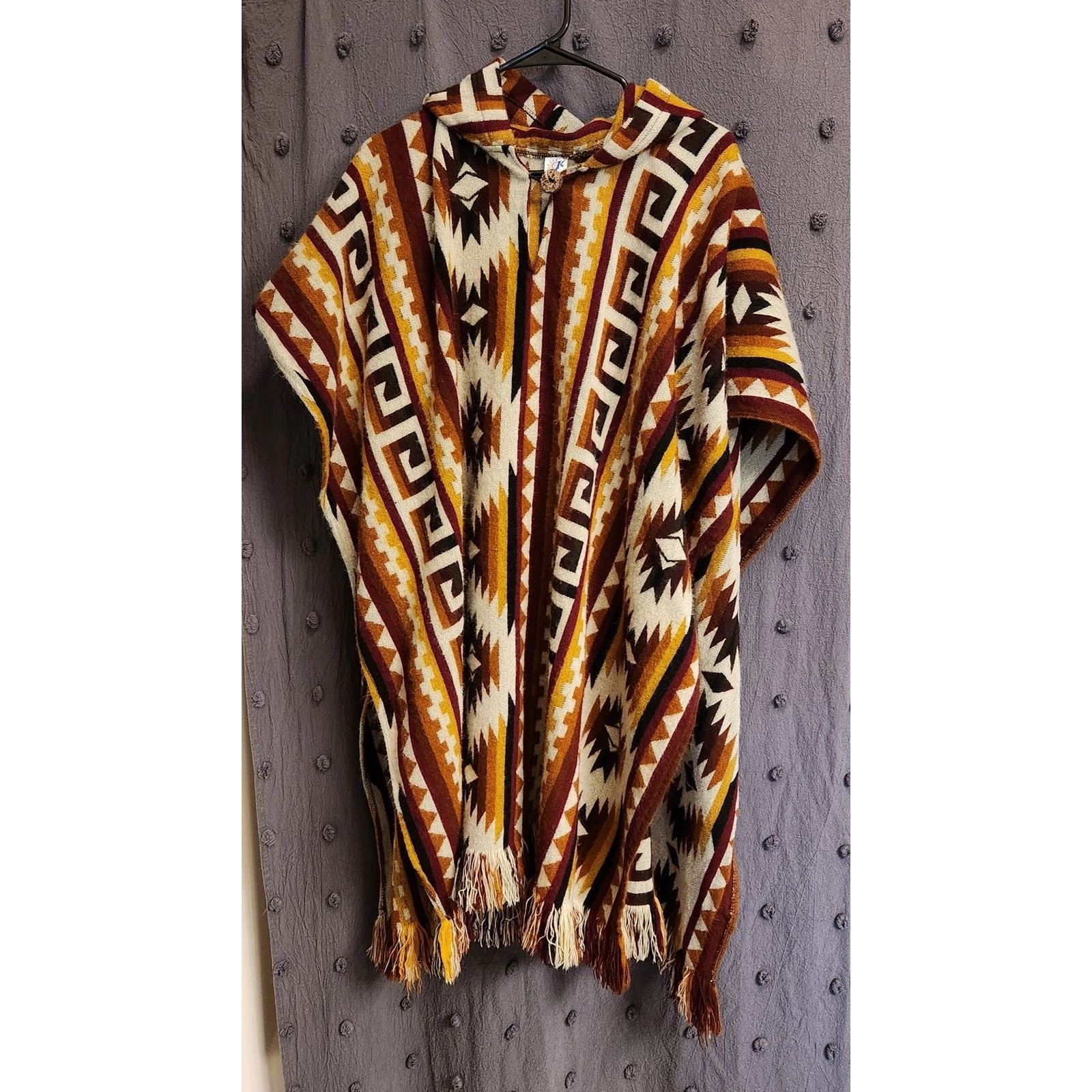 KENAY Hooded Poncho Unisex Burgundy Mustard Yellow Burnt Orange Southwest Boho