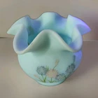 Vintage Fenton Hand Painted and Signed Blue Satin Frosted Aster Design Vase/bowl