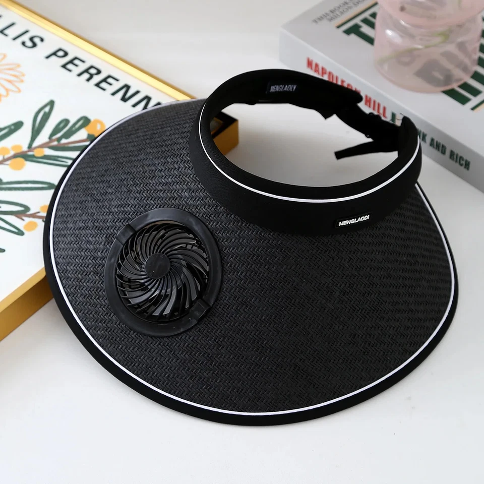 Wide Brim Sun Hat With Built-in Fan Cap Straw Visor Hat WithUSB Powered Fan New - Image 3 of 4