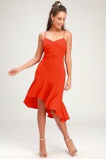 Lulus Eyes on You Coral Red Ruffled Asymmetrical Bodycon Dress sz Medium