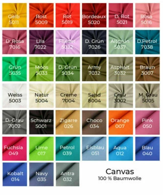 STOFFTREFF SANTI Canvas-SUSI 39 Farben & CALVIN 16 Farben Meterware- Öko-Tex- 0,25 m Schritte