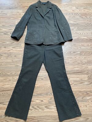 ESCADA Brown Denim Embellished Rhinestones Swirl Blazer Jacket Pant Set
