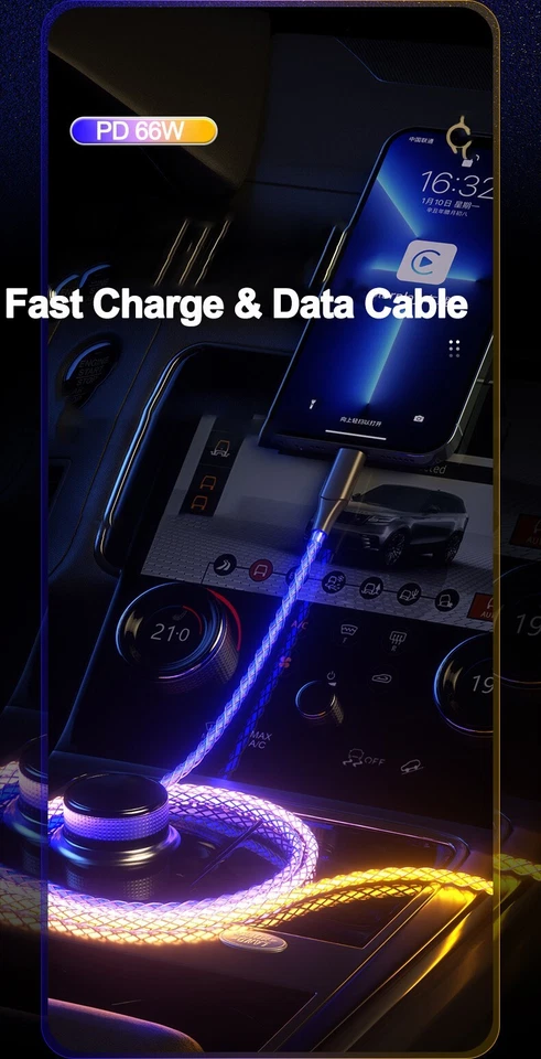 Кабель быстрой зарядки/передачи данных 66 Вт TYPE-C, iPhone, Micro, со шнуром подсветки 6 А RGB - Изображение 3 из 4