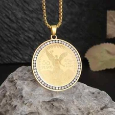 50 Pesos Centenario Mexican Coin Cubic Zirconia & 24" Rolo Stainless steel Chain