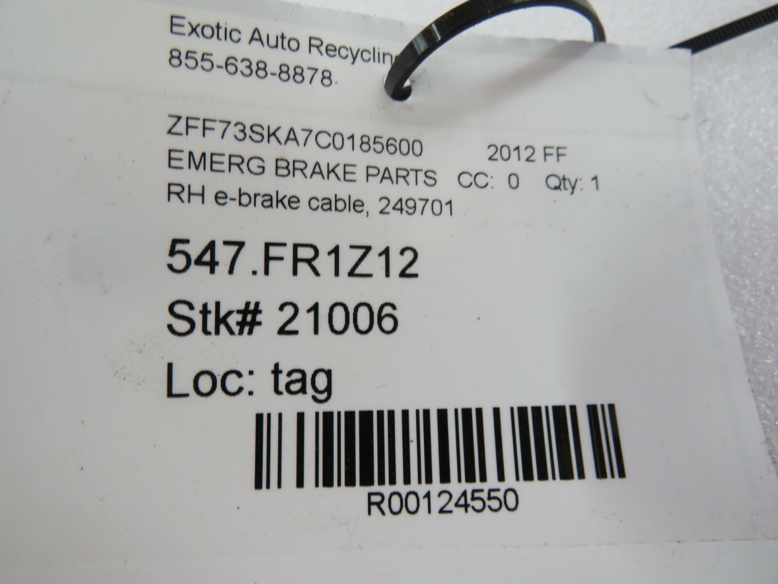 Ferrari FF, RH, Right, E-Brake Cable, Used, P/N 249701