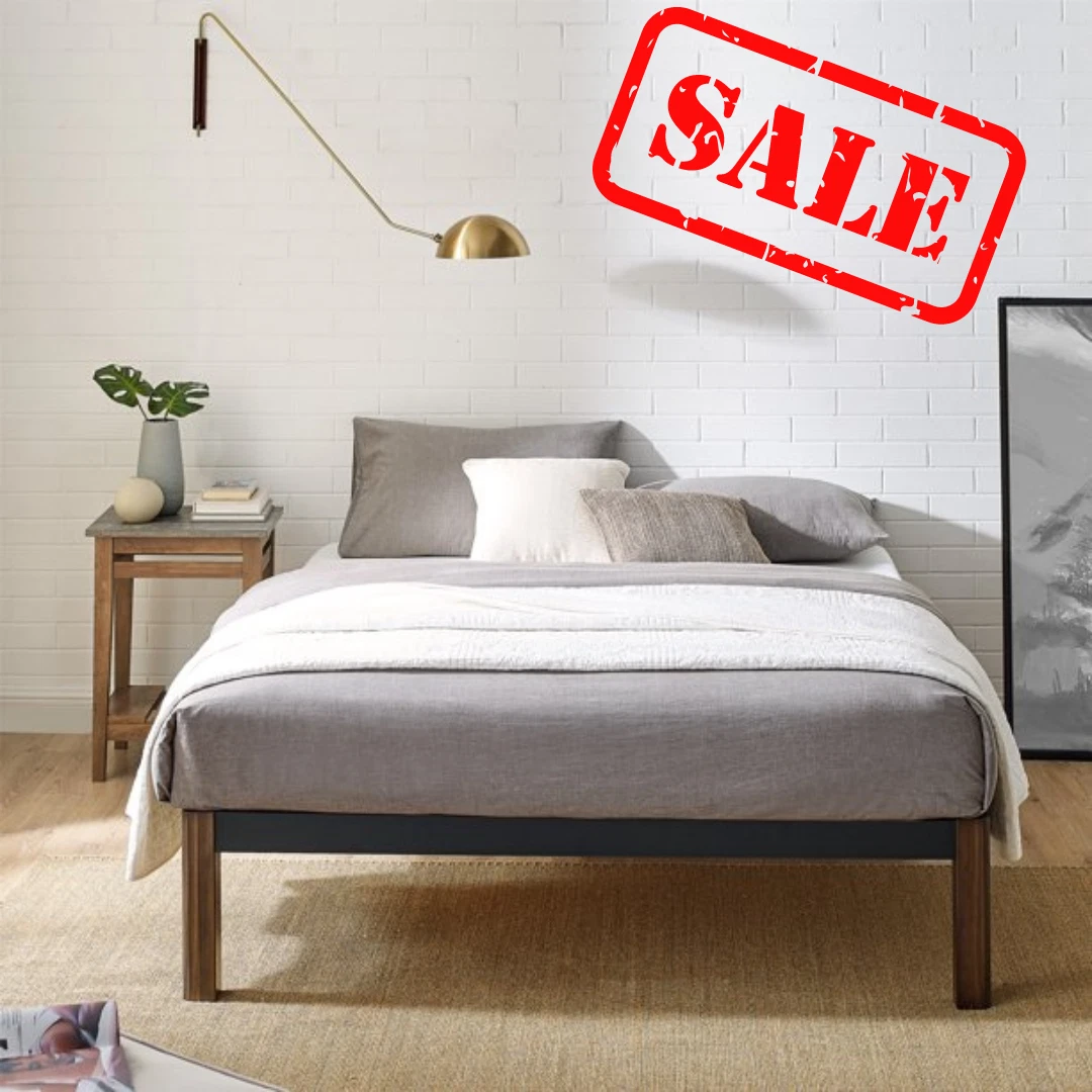 Queen size metal platform outlet bed frame with wood slats